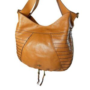 orYANY Isabella Leather Hobo Bag Tan Double Handle Tassel Shoulder Purse Italian